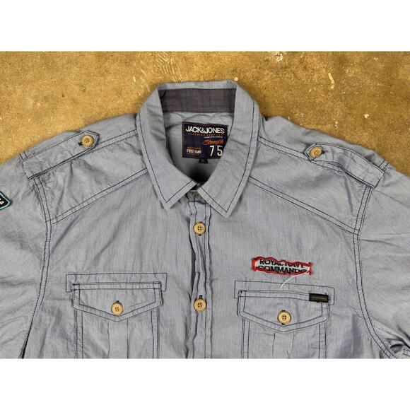 Jack & Jones Airborne Hitch Shirt Men’s XL Royal‎ Navy Military Patches Blue - Picture 2 of 11